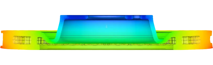 DBA's proprietary Thermal Stability Profiling (TSP) computer simulation showing heat cycle analysis of brake rotor Thermal simulation of DBA brake rotor showing heat distribution gradient from blue to yellow across the disc during Thermal Stability Profiling process