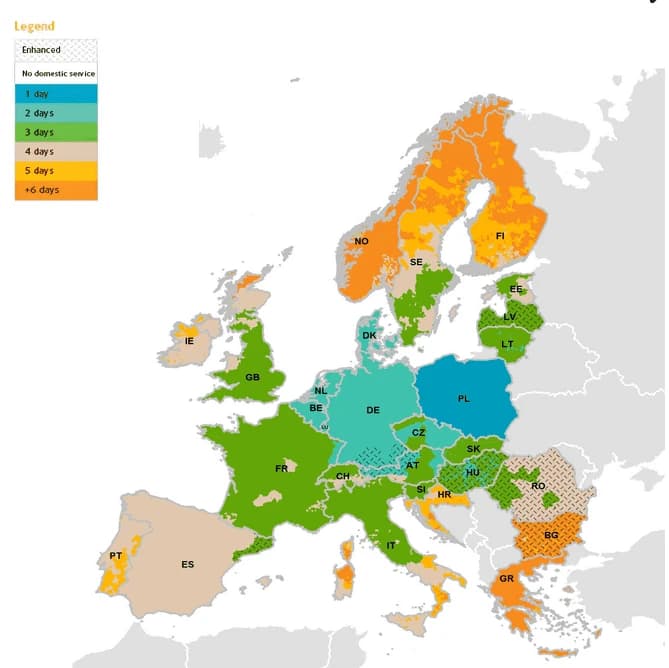 Comprehensive UPS European shipping service map displaying delivery timeframes, enhanced service zones, and coverage limitations with detailed country-by-country breakdown UPS European service map with detailed legend showing 1-6+ day delivery zones, enhanced service areas, and no domestic service regions across European countries with country codes